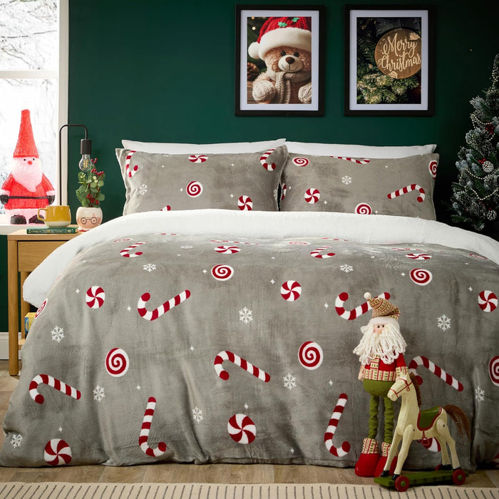 Teddy Fleece Candy Cane Duvet Cover Set