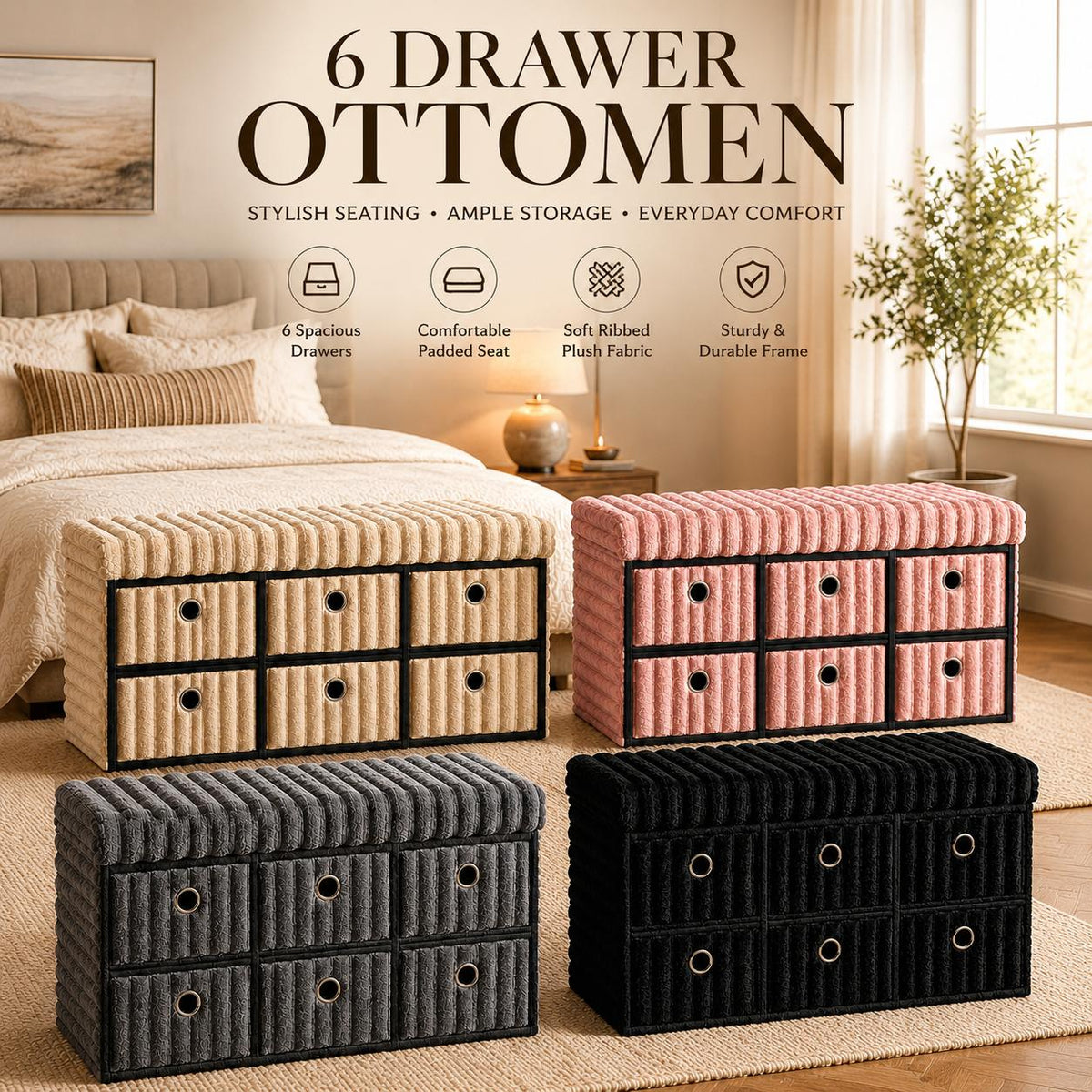 6-Drawer Ottoman Storage Bench – Velvet Cord